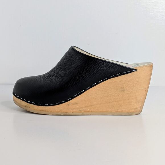 Maguba Clogs Wedge Heels 37 Black Leather Wood Platform Scandinavian Boho - Picture 5 of 12